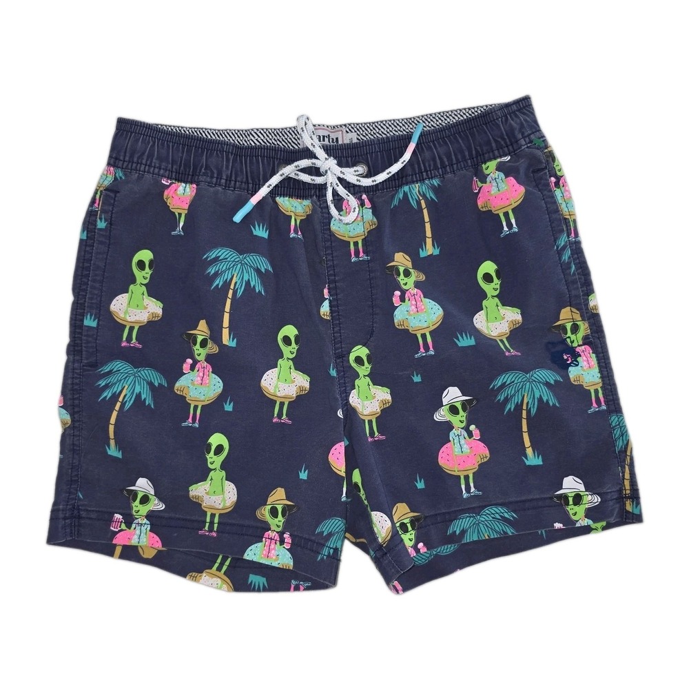 Party Pants Men's Retro Alien‎ design Swim Trunks SZ(S) blue all over print